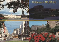 Grüße aus Karlsruhe Multi-View: Palace, Modern Bldgs, Trams Postcard