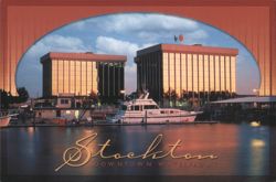 Stockton Downtown Waterfront, Boats & Buildings Postcard