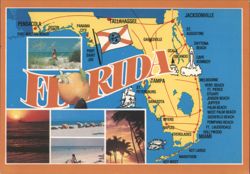 Florida Map, Beaches, Orange, State Symbols Postcard