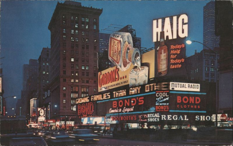 Times Square Night Scene, HAIG, Gordon's, Bond's Billboards New York City