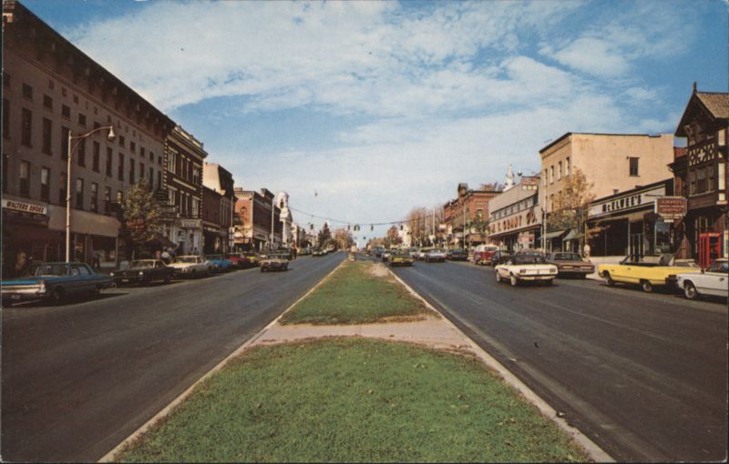 Main Street Canandaigua, NY - Grassy Median, Cars New York