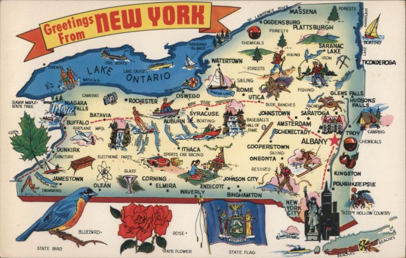 Greetings From NEW YORK State Map, Symbols & Facts
