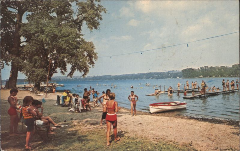 Conesus Lake, NY Public Beach with Swimmers & Boats Lakeville New York