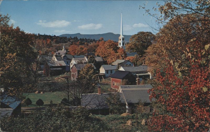Autumn Village View with White Steeple, Stowe, VT Vermont