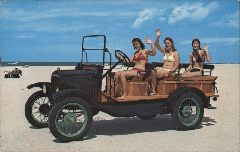 1925 Ford Model T Depot Hack, women on Sarasota beach Florida