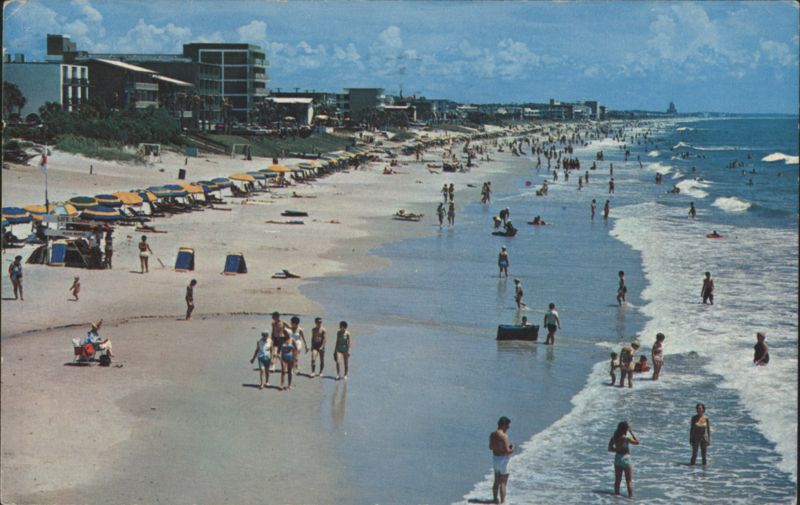 Myrtle Beach, SC Crowded Beach, Ocean Waves, Buildings South Carolina