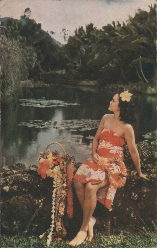Hawaiian Maiden Making Leis in Tropical Setting Mike Roberts