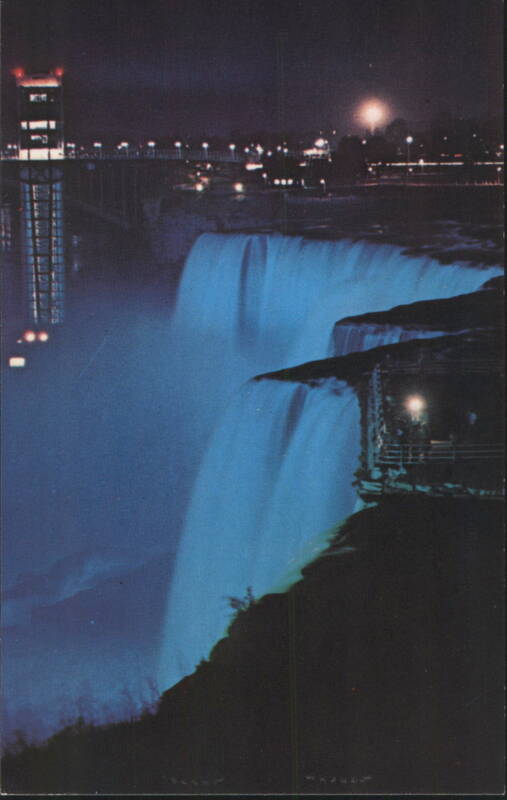 Illuminated American Falls Showing Observation Tower Niagara Falls New York