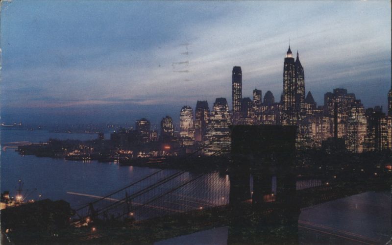 Nightfall in Lower Manhattan with Brooklyn Bridge New York City