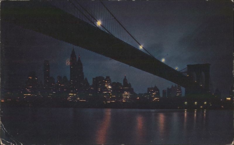 Lower Manhattan Skyline at Night from Brooklyn Bridge New York