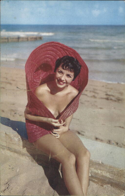 Sweet Rosemarie, Woman in Red Swimsuit & Hat on Beach