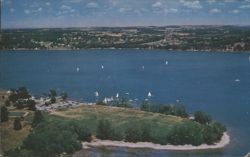 Skaneateles Lake, NY - Aerial View with Sailboats & Club Postcard
