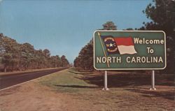 Welcome To North Carolina Sign, State Flag Postcard