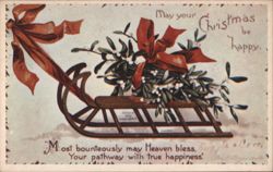 Christmas Sleigh Mistletoe Red Ribbons Happy Wishes Postcard