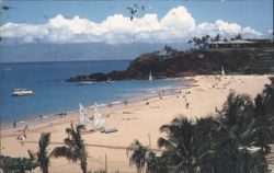 Kaanapali Beach Maui, Sailboats, Palm Trees, Hotels Postcard