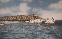 Surfing at Waikiki Beach with Diamond Head Postcard