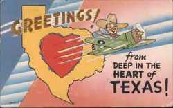Greetings from Texas, Cowboy, Airplane, Heart Map Postcard