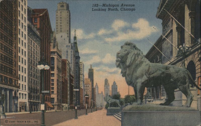 Michigan Avenue Looking North, Art Institute Lions Chicago Illinois