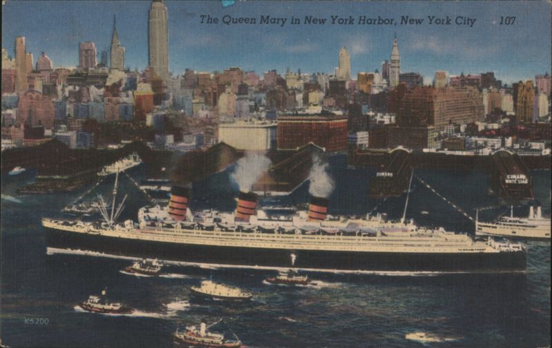 Queen Mary in Harbor with New York City Skyline