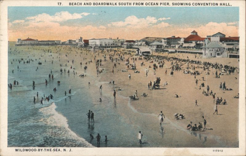 Beach and Boardwalk South from Ocean Pier, Convention Hall Wildwood New Jersey