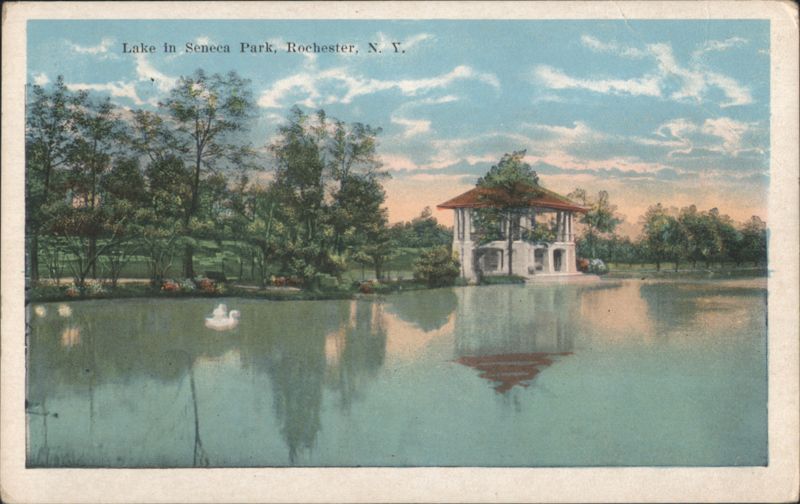 Lake in Seneca Park with Pavilion and Swans Rochester New York