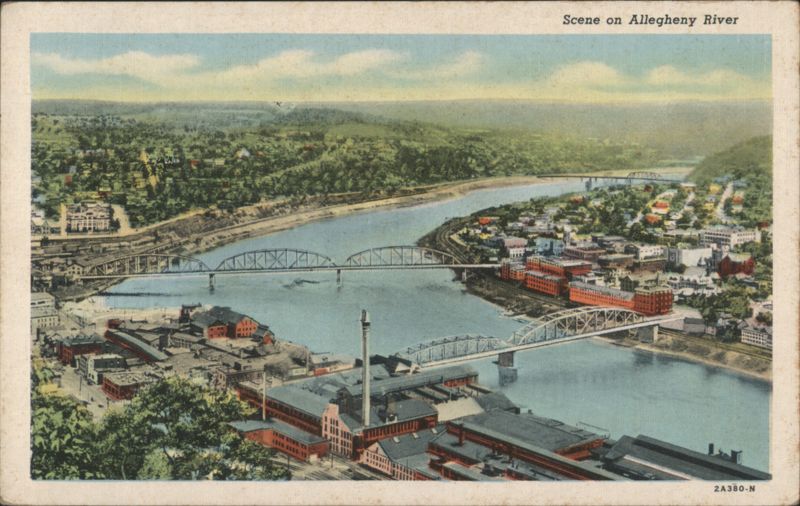 Bird's-Eye View of Allegheny River and Bridges, Oil City Pennsylvania