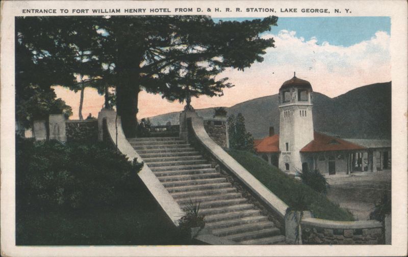 Entrance to Fort William Henry Hotel from D. & H. R. R. Station Lake George New York
