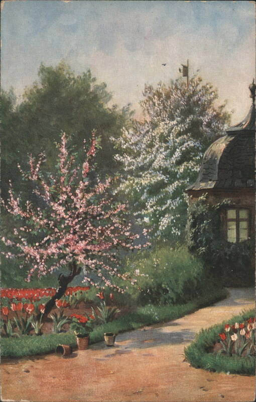 Blooming Garden with Pink Tree, Tulips, and House Flowers