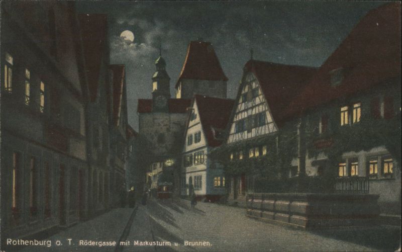 Rothenburg ob der Tauber Rödergasse, Markusturm, Brunnen Night Germany