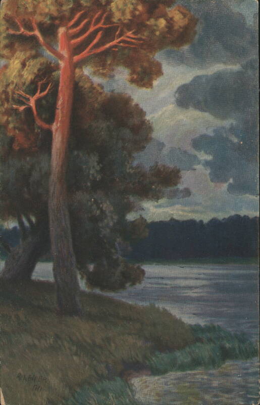 Pine Tree by Lake at Dusk, 1911 Painting Germany R. Biehler