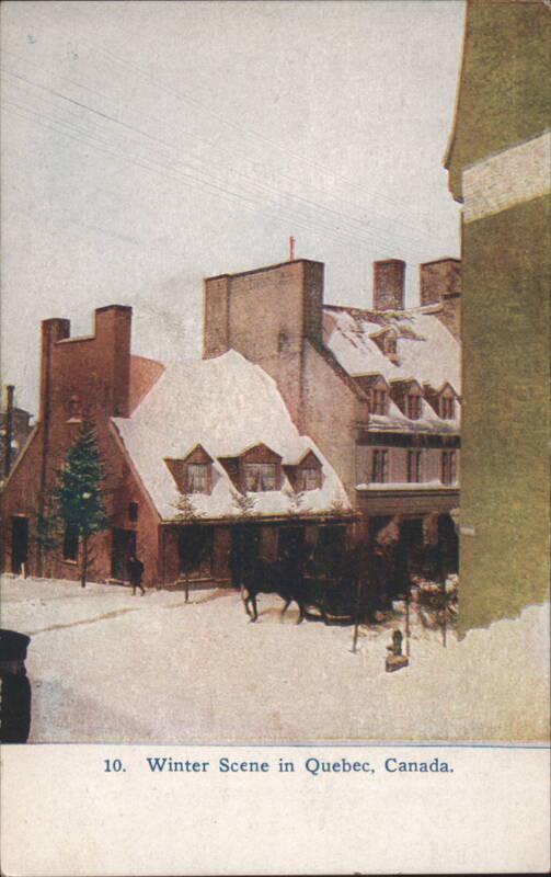 Winter Scene, Snow-Covered Buildings, Horse-Drawn Carriage Quebec QC Canada