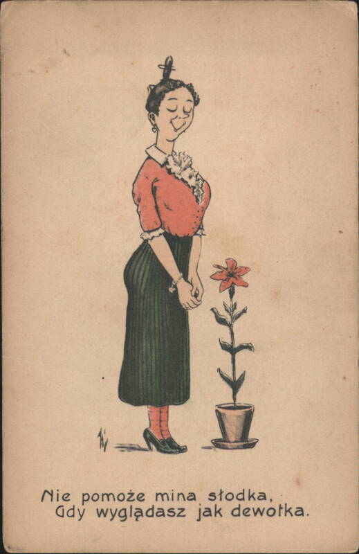 Cartoon Woman with Potted Flower, 'Nie pomoże mina słodka'