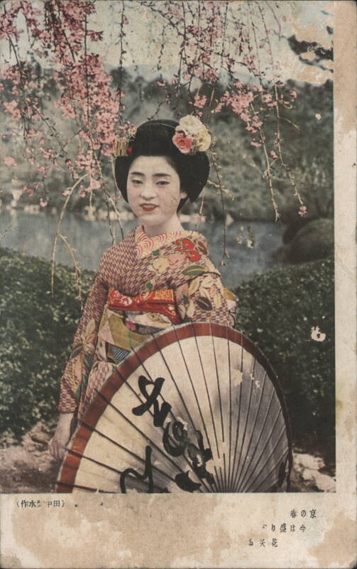 Japanese Woman with Umbrella, Cherry Blossoms, Kyoto