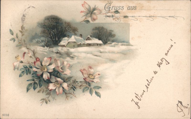 Winter Village Snow Scene with Flowers Seasons