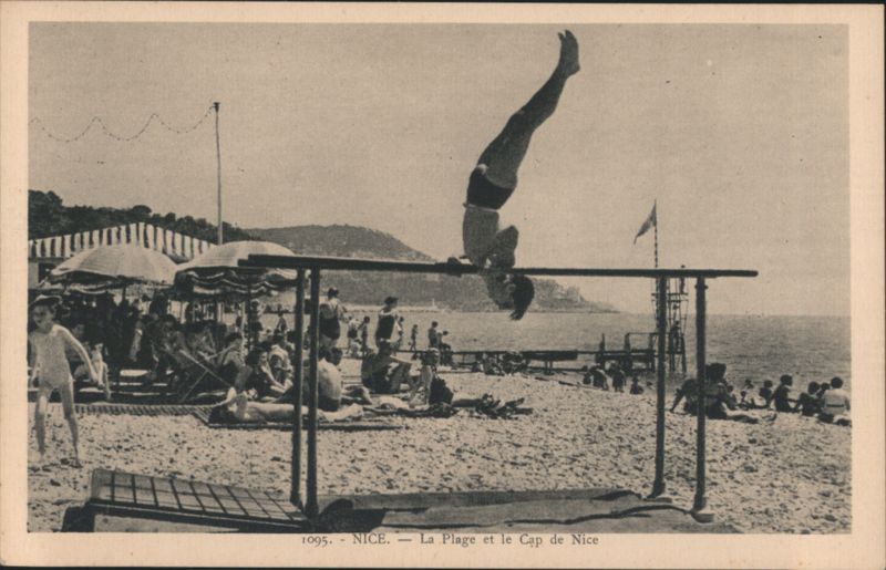 Man Handstanding on Parallel Bars, Nice Beach & Cap de Nice France
