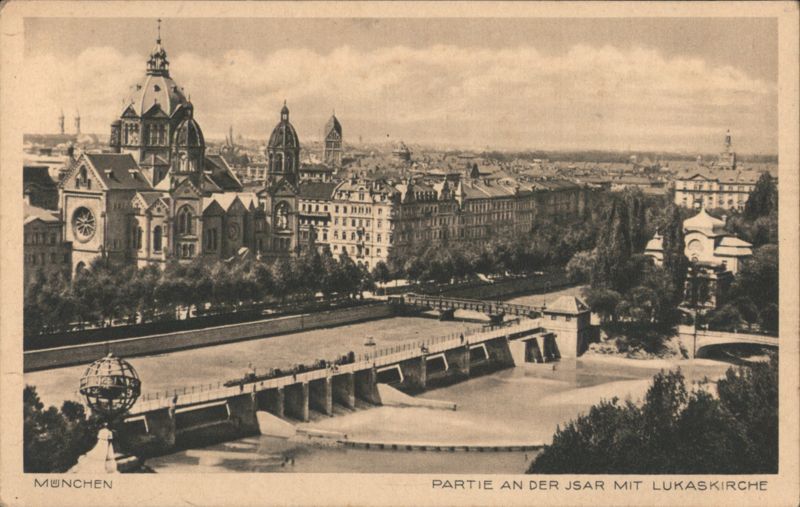 Isar River with St. Luke's Church, Munich Germany