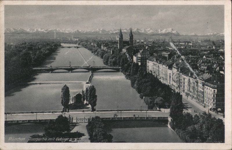 München Isar River Scene with Alps Mountains Germany