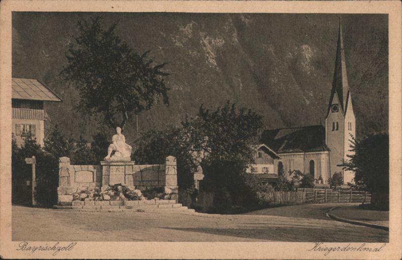 Bayrischzell War Memorial with Church and Mountains Germany
