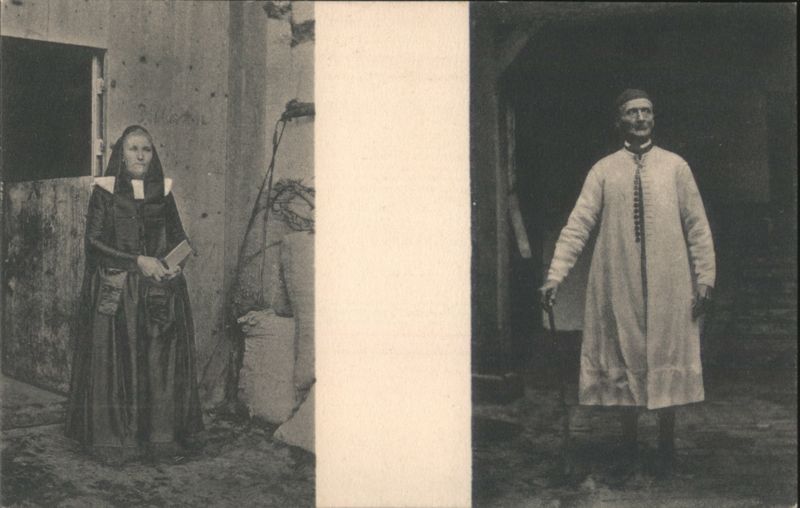 Woman with book, man in traditional attire