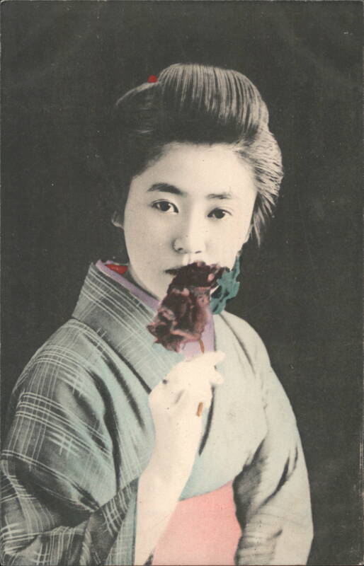 Japanese Woman in Kimono Holding Flower