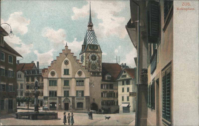 Zug, Kolinplatz with Zytturm Clock Tower and Fountain Switzerland