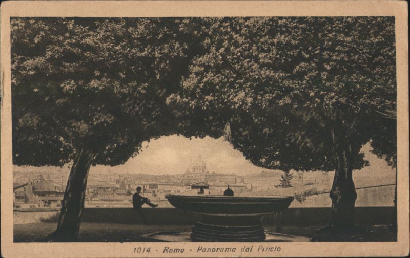 Panorama from Pincio Hill with Fountain & Trees, Rome Roma Italy