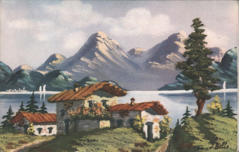 Mountain Lake with Houses and Pine Tree, J. Bello Art