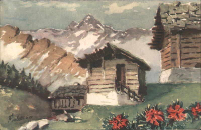 Mountain Chalets and Red Flowers, Alpine Landscape