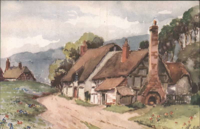 Cottages with Large Chimney, Winding Path, Watercolor Art