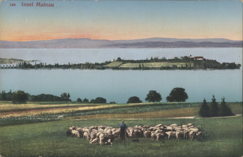 Insel Mainau, Shepherd and Sheep, Lake Constance Konstanz Germany