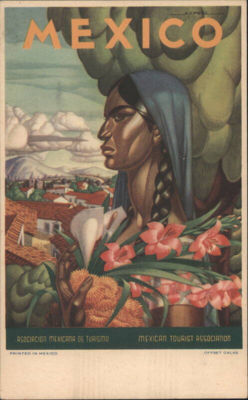 Mexico Woman with Flowers, Town and Mountains Ayna