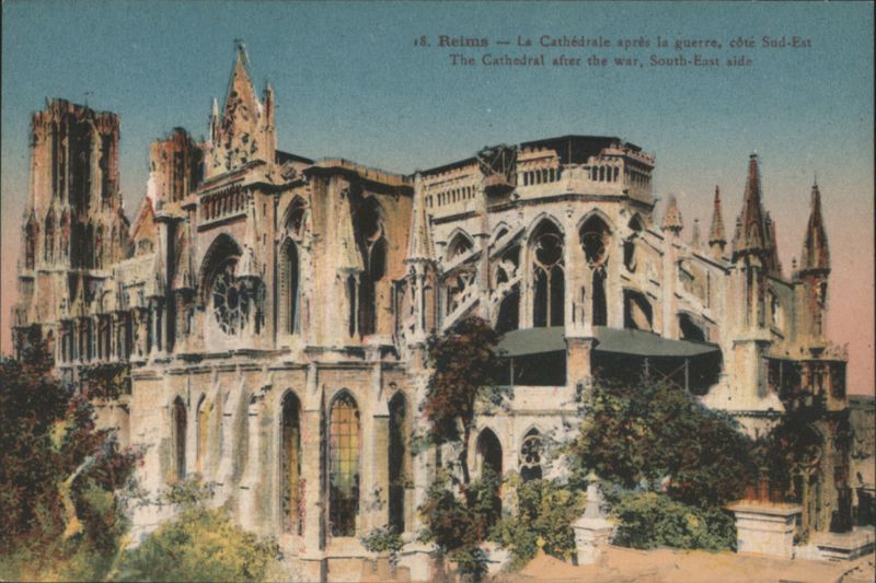 Reims Cathedral after the war, South-East side France