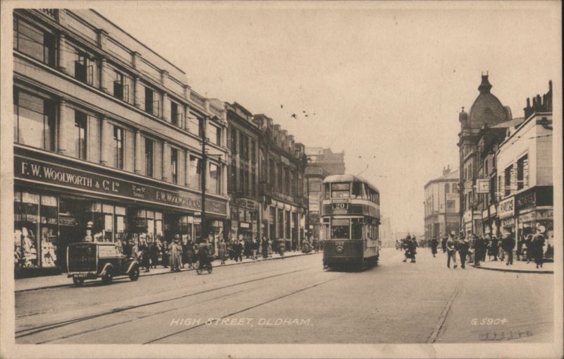 High Street, Oldham with Tram and Shops United Kingdom