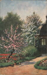 Blooming Garden with Pink Tree, Tulips, and House Postcard